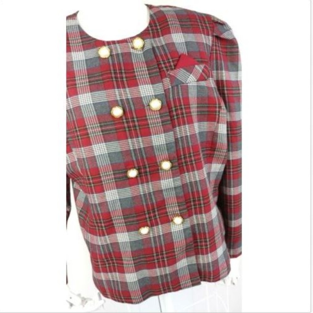Vintage 80s Plaid Power Suit Blazer Red Gray M L - Picture 2 of 8